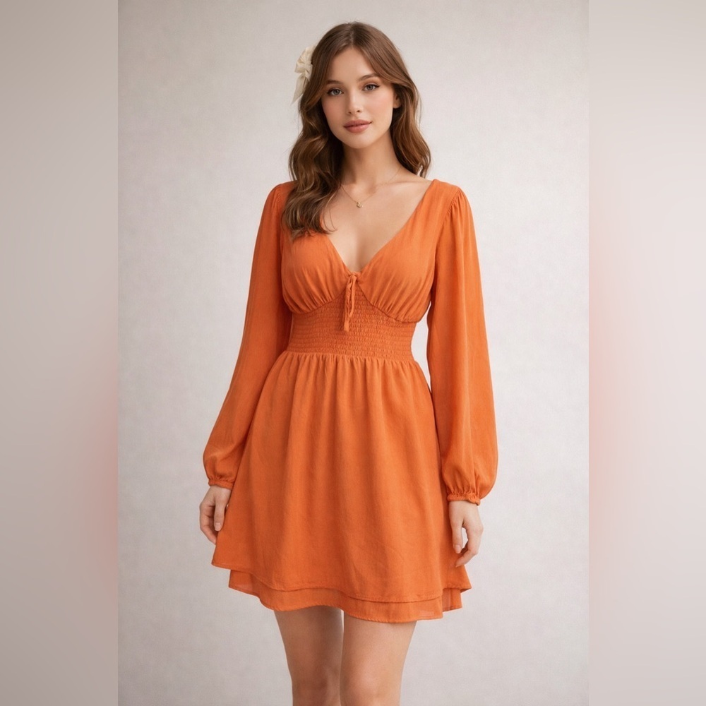 Copper Orange Babydoll Mini Dress Coquette Smocked Waist Long Sleeve S Boho